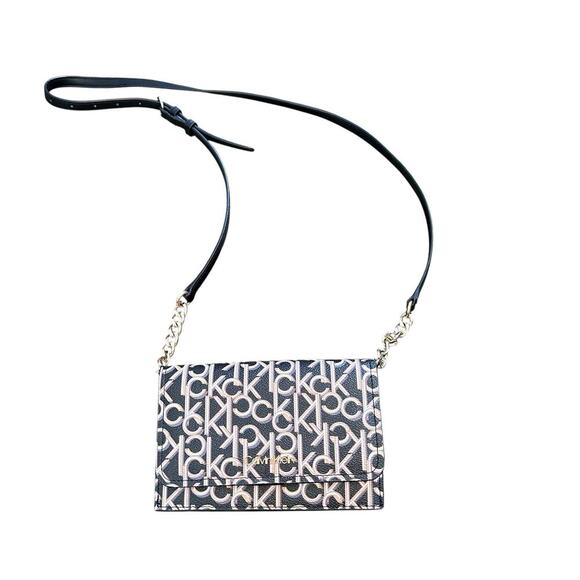 Calvin Klein Black Multi Crossbody Bag Purse Key Item Flap Signature - Picture 2 of 7